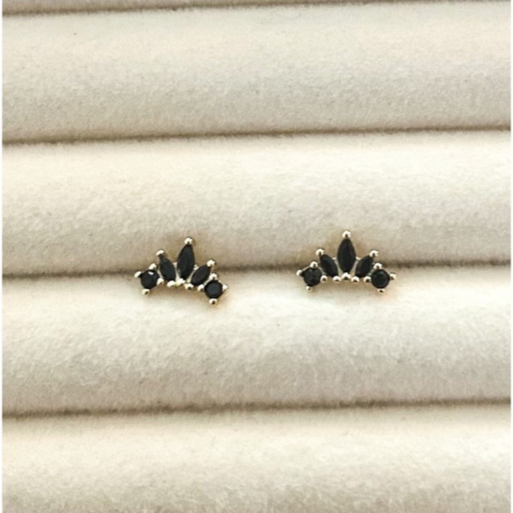 Dainty Cluster Black CZ Fan Earrings 925 Sterling Silver 14k Yellow Gold Plated - Picture 1 of 3